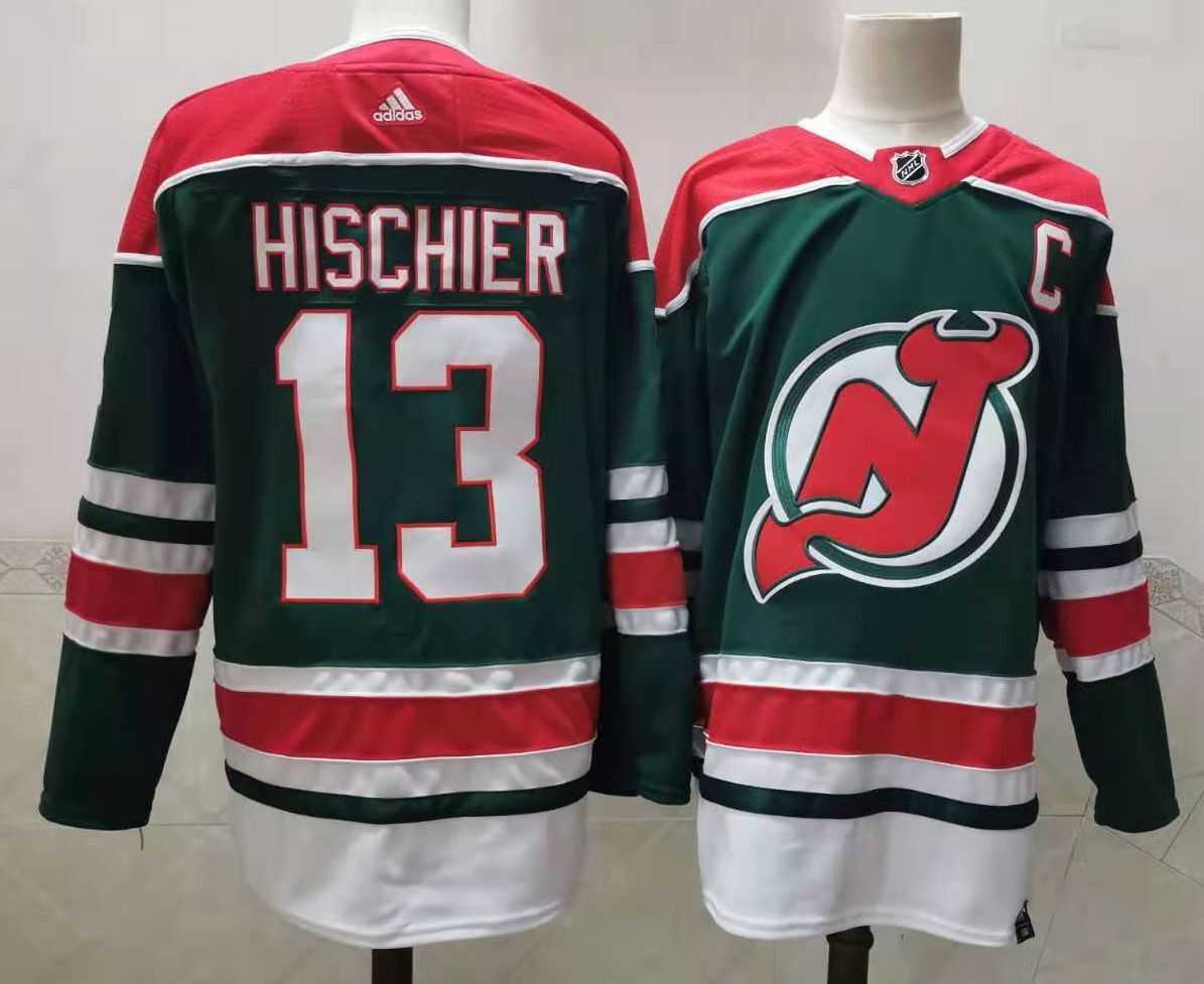 Men New Jersey Devils 13 Hischier Green Throwback Stitched 2021 Adidias NHL Jersey